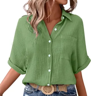 Womens Cotton Button Down Shirt Rolled Cuffed Short Sleeve Blouse Ladies Summer Casual V Neck Beach Cotton Tops