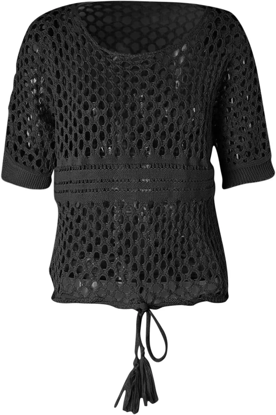 Womens Crochet Eyelet Tops Short Sleeve Summer Beach Sweater Oversized Boat Neck Going Out Mesh Cover Up T Shirts