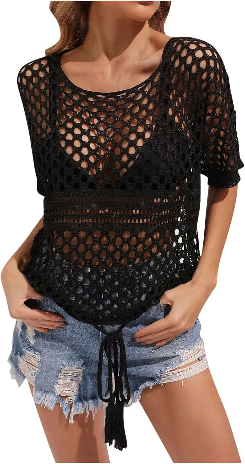 Womens Crochet Eyelet Tops Short Sleeve Summer Beach Sweater Oversized Boat Neck Going Out Mesh Cover Up T Shirts