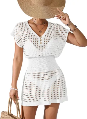 Womens Crochet Knit Cinched Waist Beach Coverup Dress Summer 2025 V Neck Button Cap Sleeve Bathing Suit Cover Up