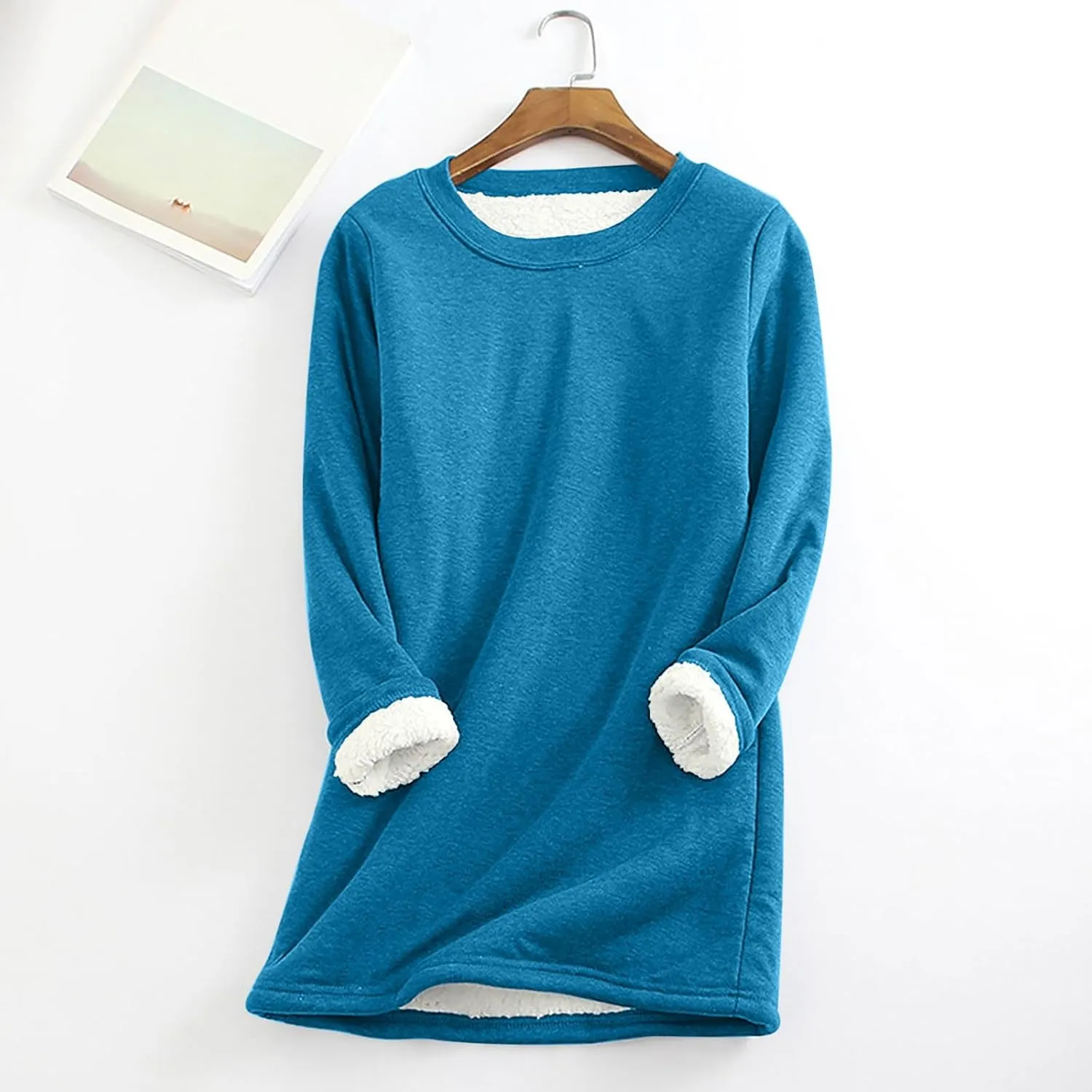 Womens Fall Winter Shirts 2023 Long Sleeve Crewneck Solid Sweatshirt Pullover Thickened and Lamb Wool Warm Clothes