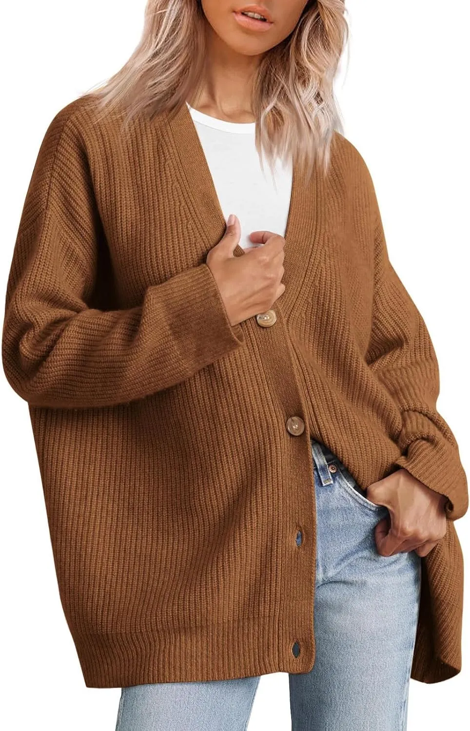 Women's Fashion Beach Kimonos Oversized Button Lightweight Sweaters V Neck Loose Cardigans Women Cardigan 3/4
