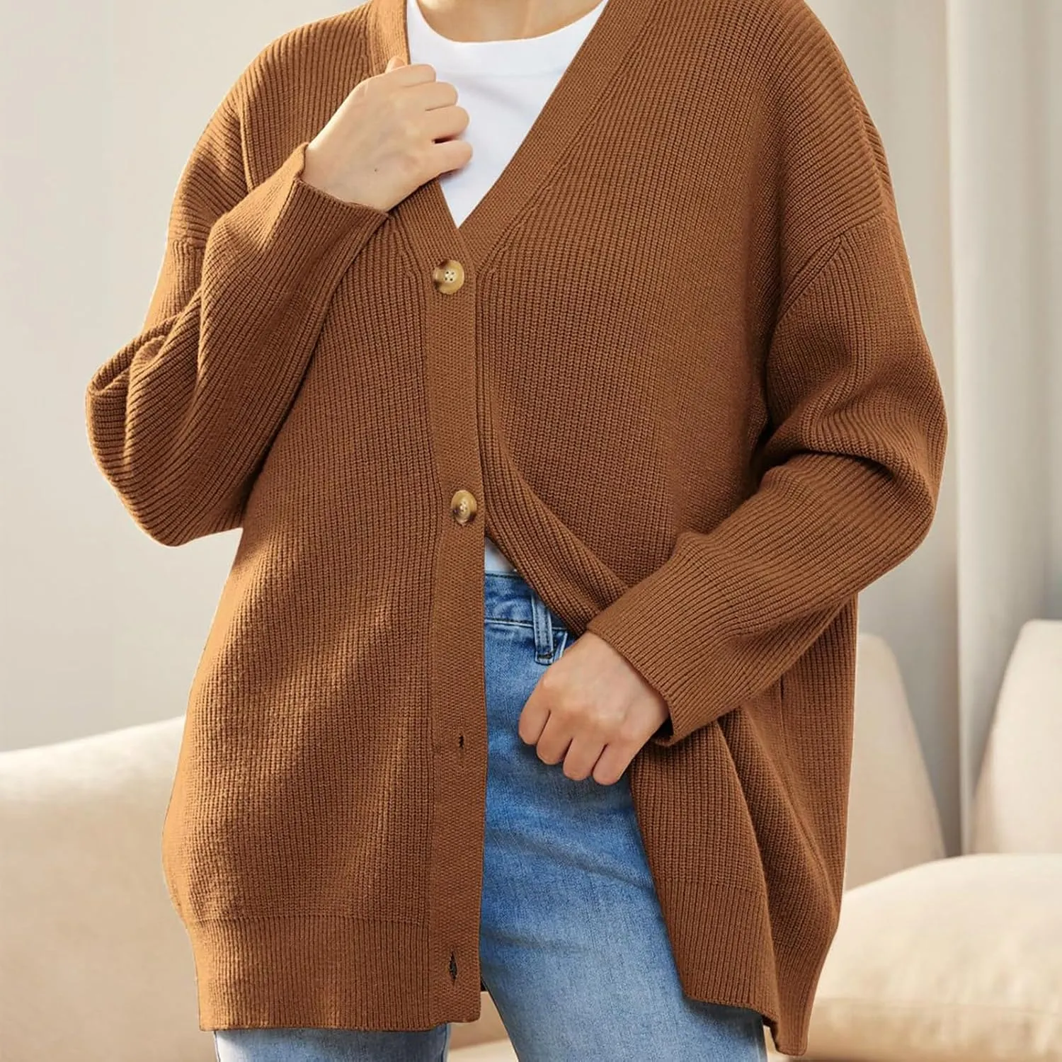 Women's Fashion Beach Kimonos Oversized Button Lightweight Sweaters V Neck Loose Cardigans Women Cardigan 3/4