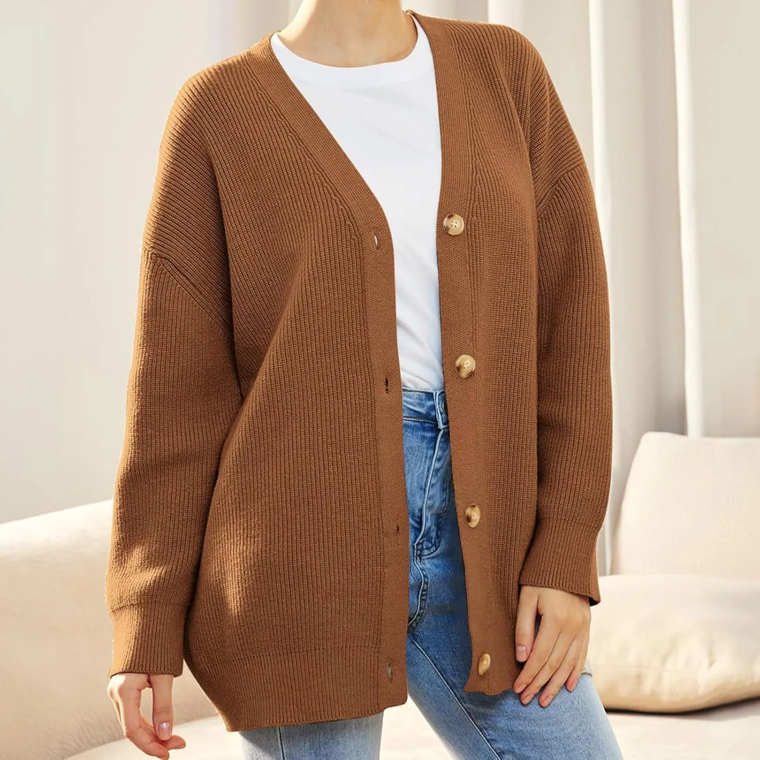 Women's Fashion Beach Kimonos Oversized Button Lightweight Sweaters V Neck Loose Cardigans Women Cardigan 3/4