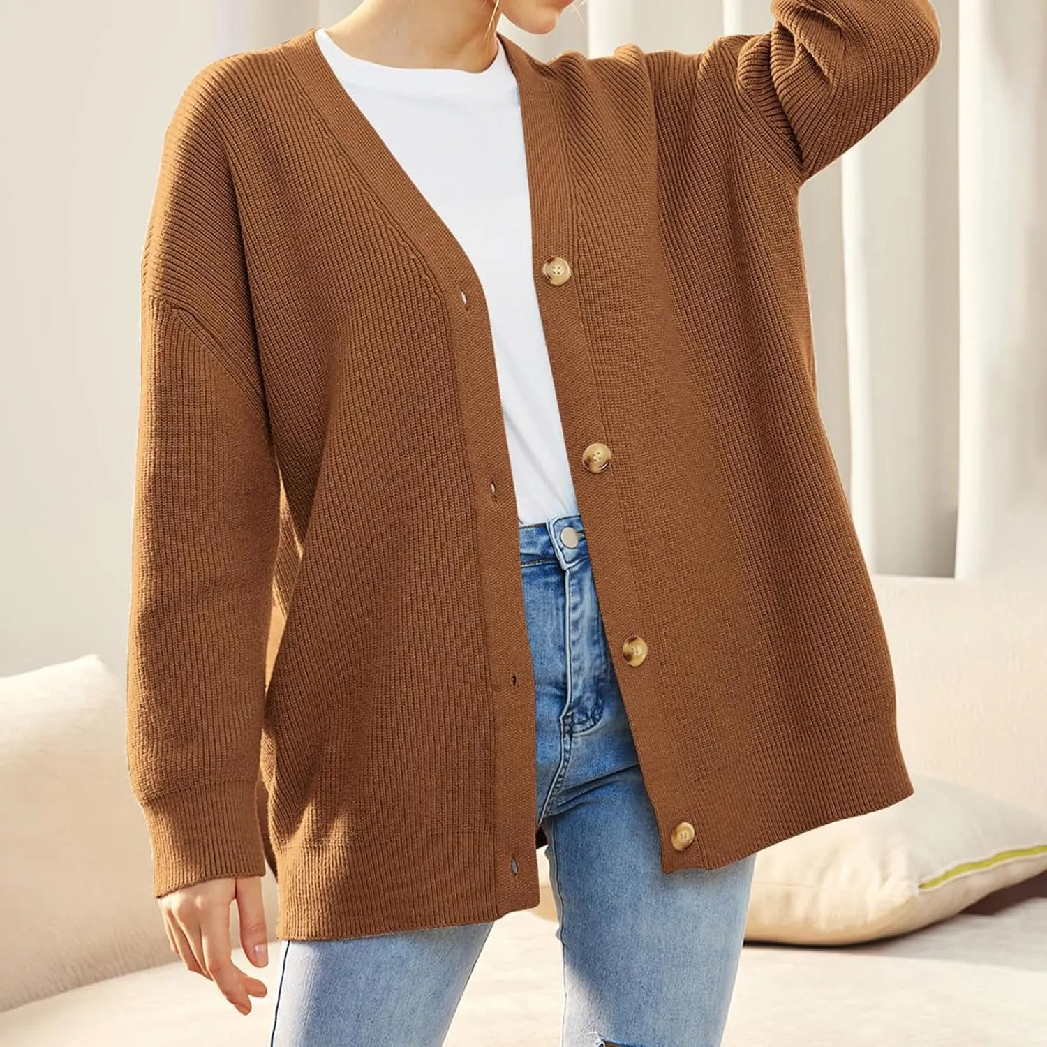 Women's Fashion Beach Kimonos Oversized Button Lightweight Sweaters V Neck Loose Cardigans Women Cardigan 3/4