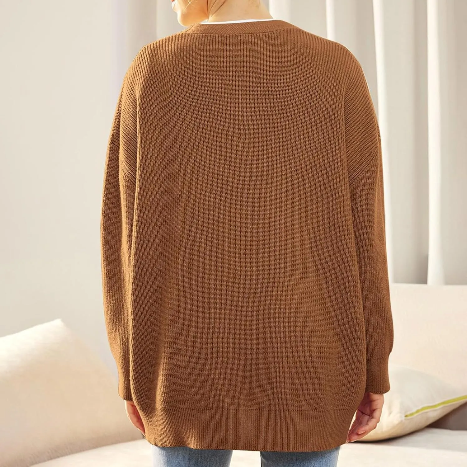 Women's Fashion Beach Kimonos Oversized Button Lightweight Sweaters V Neck Loose Cardigans Women Cardigan 3/4