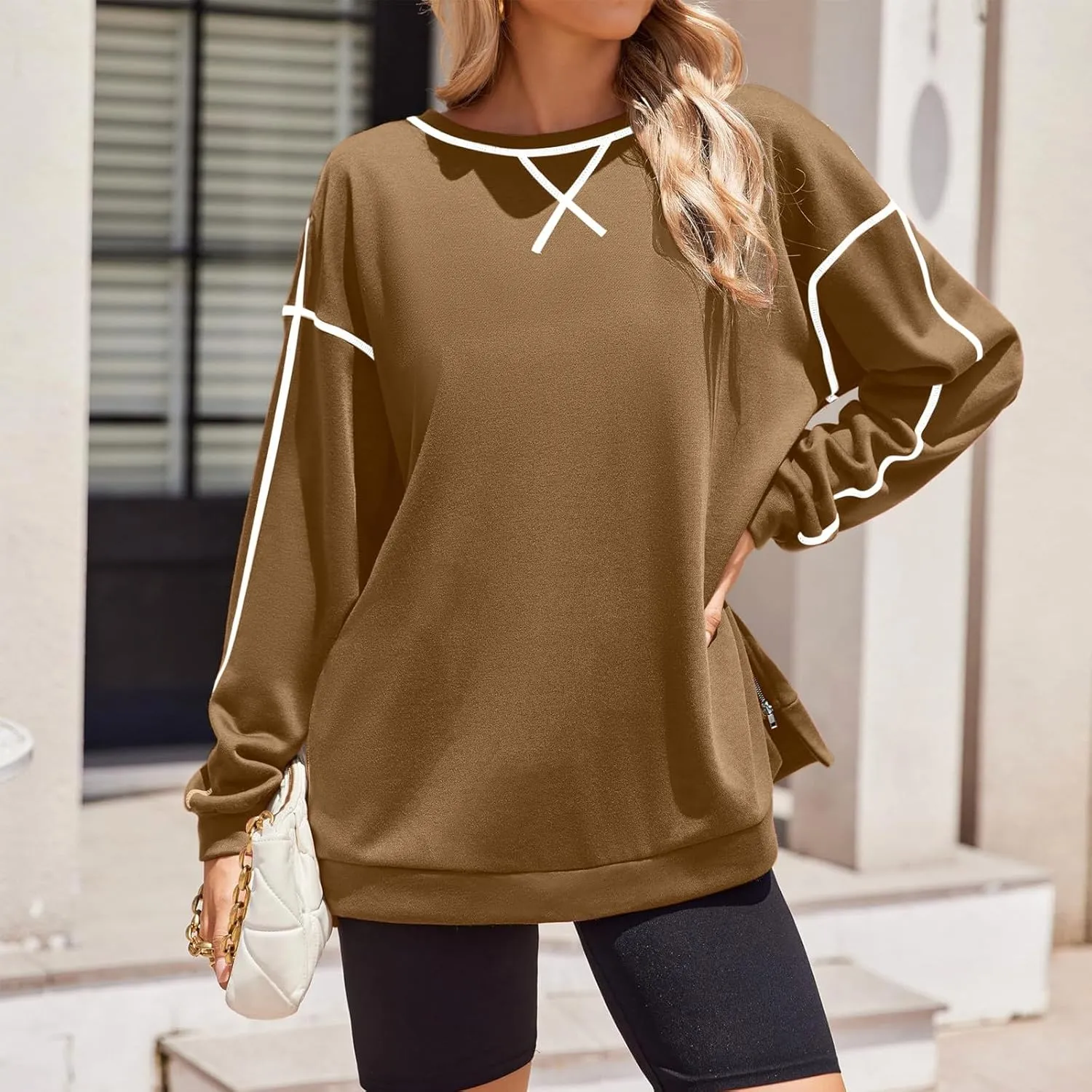 Womens Fashion Hoodless Sweatshirts Crew Neck Long Sleeve Hoodie Fleece Side Zipper Pullover Top 2024 Fall Clothes