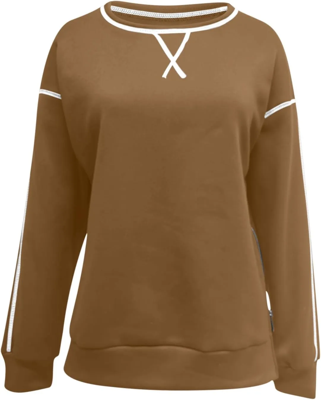 Womens Fashion Hoodless Sweatshirts Crew Neck Long Sleeve Hoodie Fleece Side Zipper Pullover Top 2024 Fall Clothes