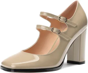Women's High Heel Mary Jane Single Shoes, Chunky Heel Square Toe Pumps for Women, Closed Toe Work Party Dress Shoes