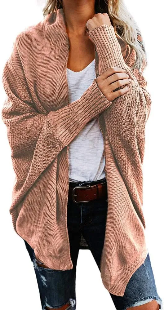 Womens Knitted Cardigan Batwing Sleeve Shawl Neck Sweater Open Front Casual Loose Pullover Coat