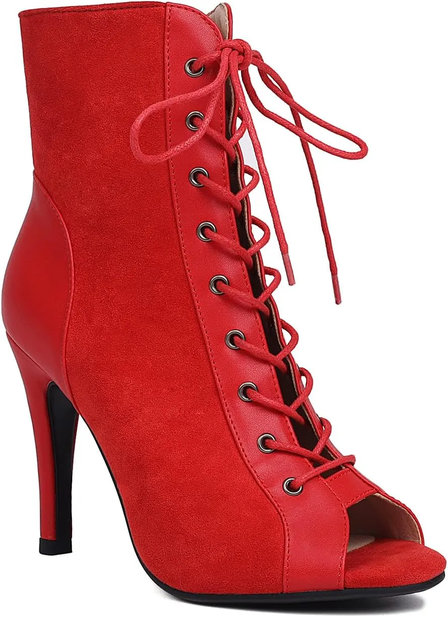 Women's Latin Dance Boots Peep Toe lace-up Ballroom Latin Salsa Ankle Dance Boots