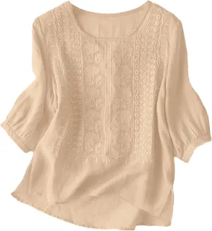 Women's Linen Blouse Tops Summer Shirts Loose Casual Work Tops Blouses Cotton Blouse Linen Shirt Roll Up Sleeve