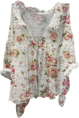 Womens Linen Button Down Shirts Women's Floral Butterfly Print Natural Autumn Casual Collared Blouses Loose Fit