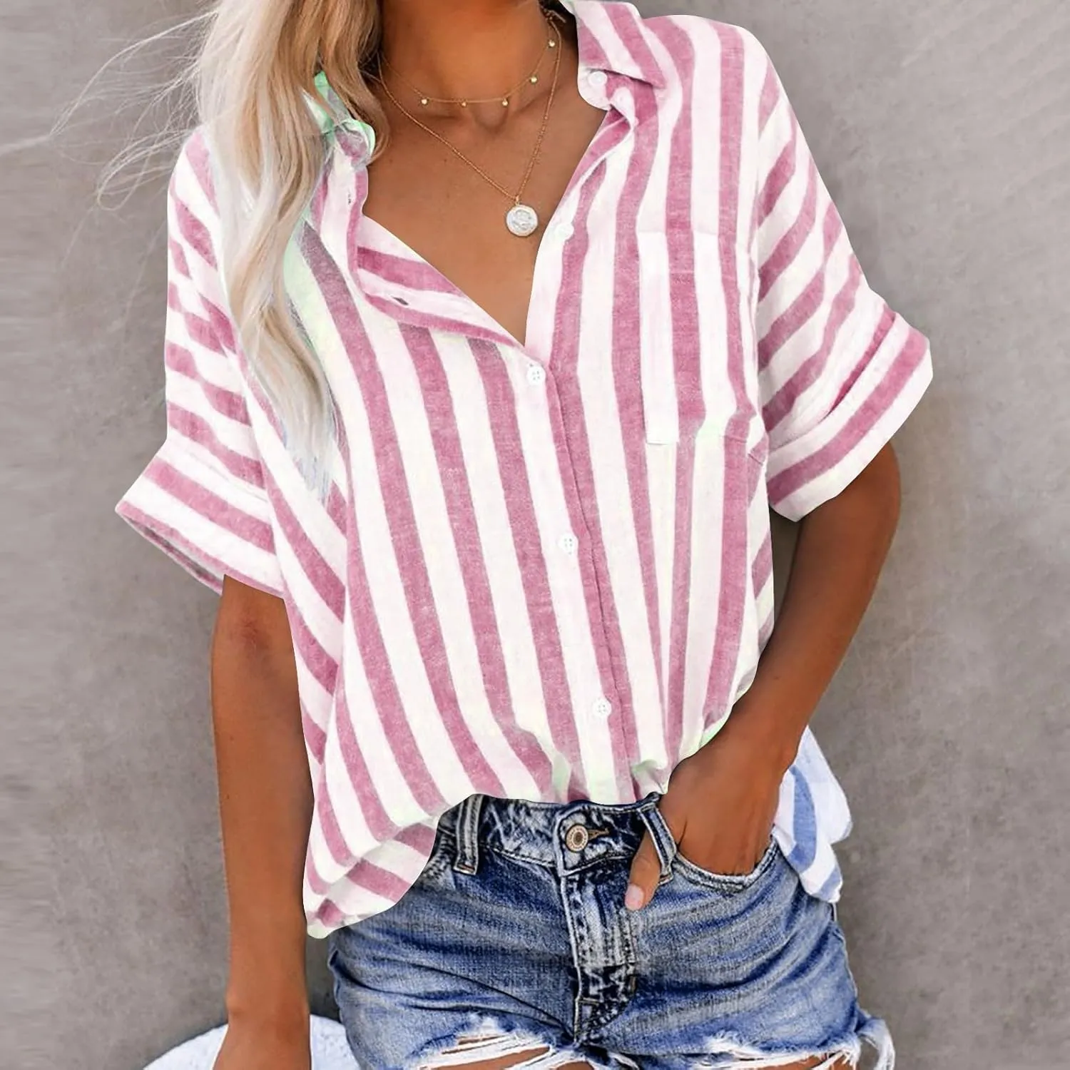 Women's Linen V Neck Button Down Shirt Roll Up Short Sleeve Casual Collared Work Blouse Loose Top Trendy