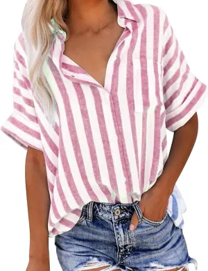 Women's Linen V Neck Button Down Shirt Roll Up Short Sleeve Casual Collared Work Blouse Loose Top Trendy