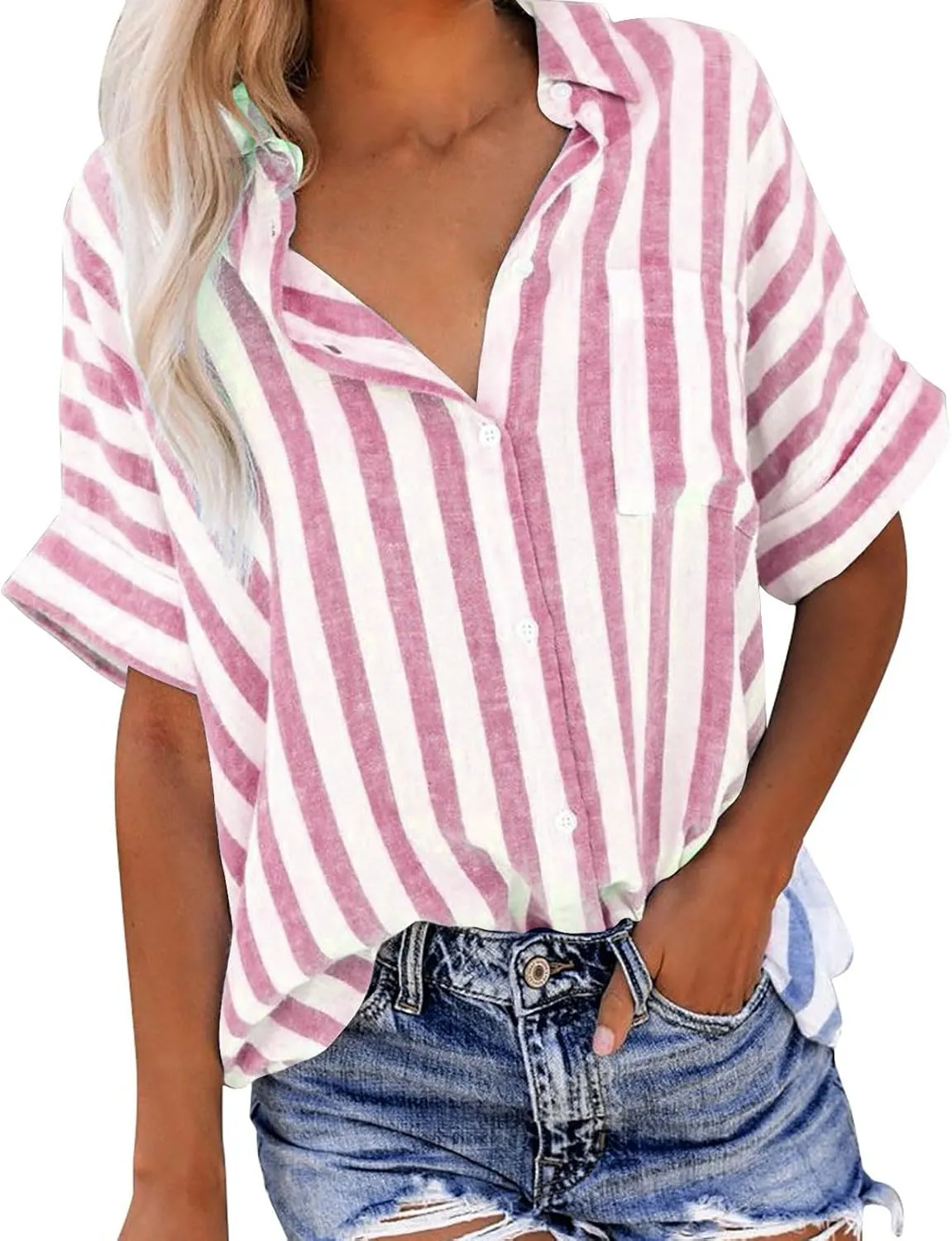 Women's Linen V Neck Button Down Shirt Roll Up Short Sleeve Casual Collared Work Blouse Loose Top Trendy