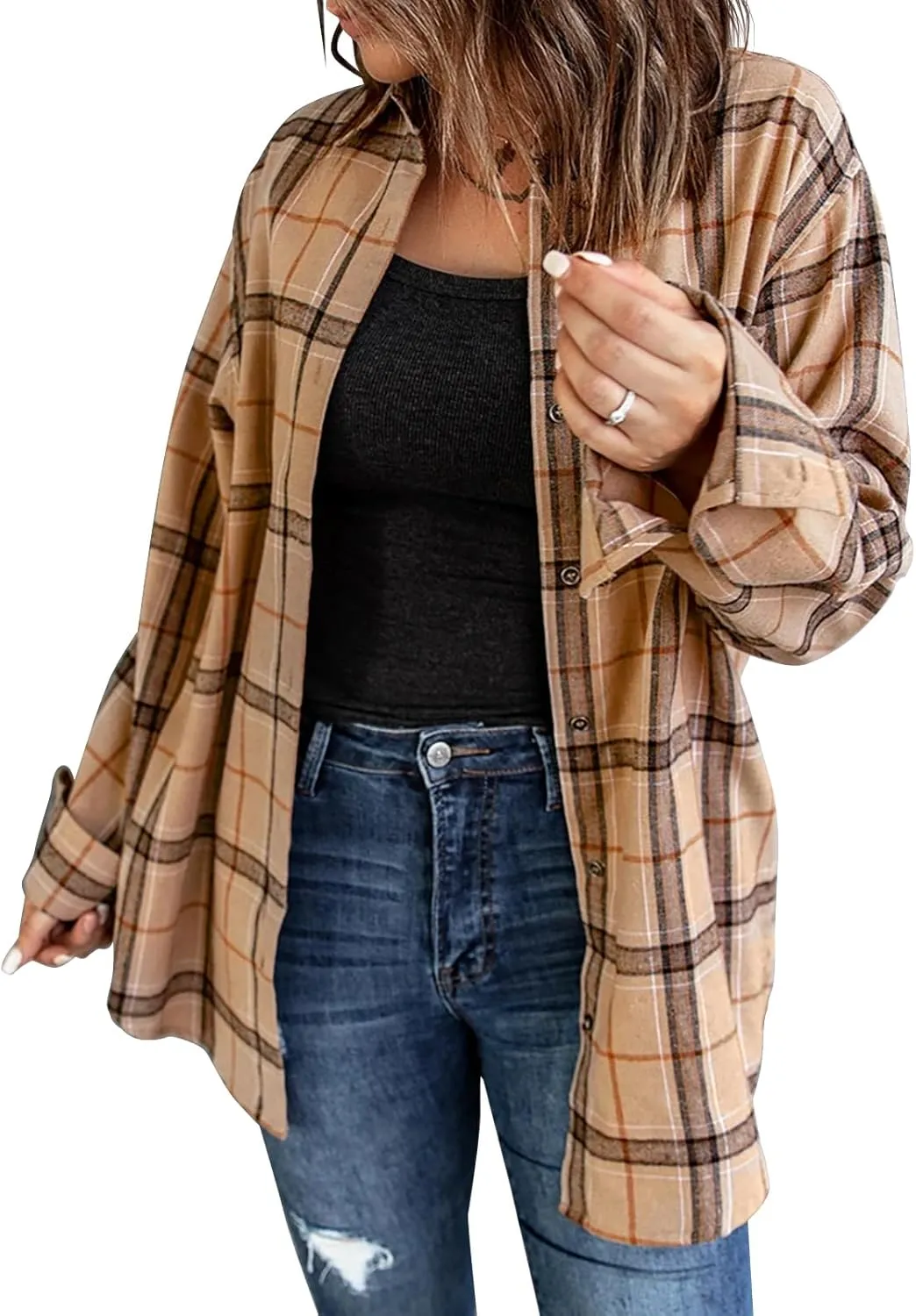 Womens Long Sleeve Plaid Shirts Flannel Collared Button Down Shackets Casual Rolled Up Boyfriend Blouses Tops