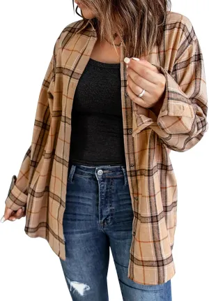 Womens Long Sleeve Plaid Shirts Flannel Collared Button Down Shackets Casual Rolled Up Boyfriend Blouses Tops