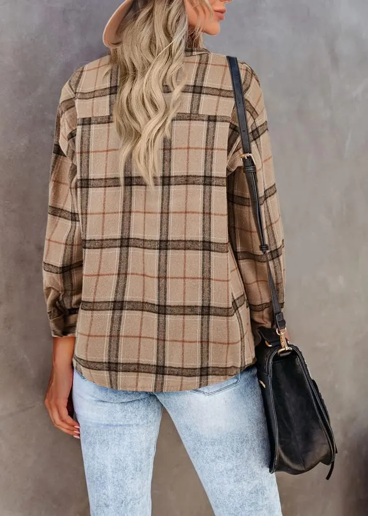 Womens Long Sleeve Plaid Shirts Flannel Collared Button Down Shackets Casual Rolled Up Boyfriend Blouses Tops