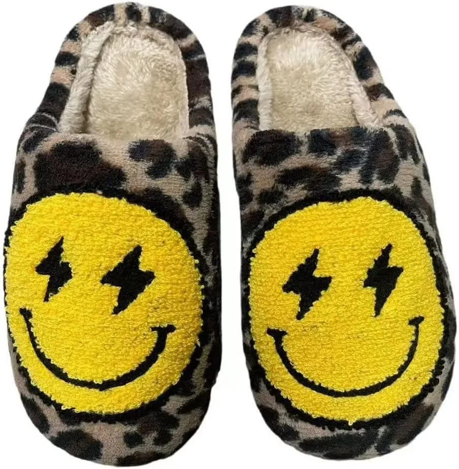 Women's Men's Happy Face Heart-shaped Cat Slippers - Retro Leopard Print, Memory Foam, Soft Plush, Warm, Anti-Slip Home Shoes