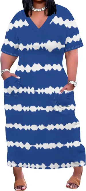Women's Oversized Short-Sleeved Dress Denim Print V-Neck T-Shirt Maxi Dress Summer Trend Beach Sundress with Pockets
