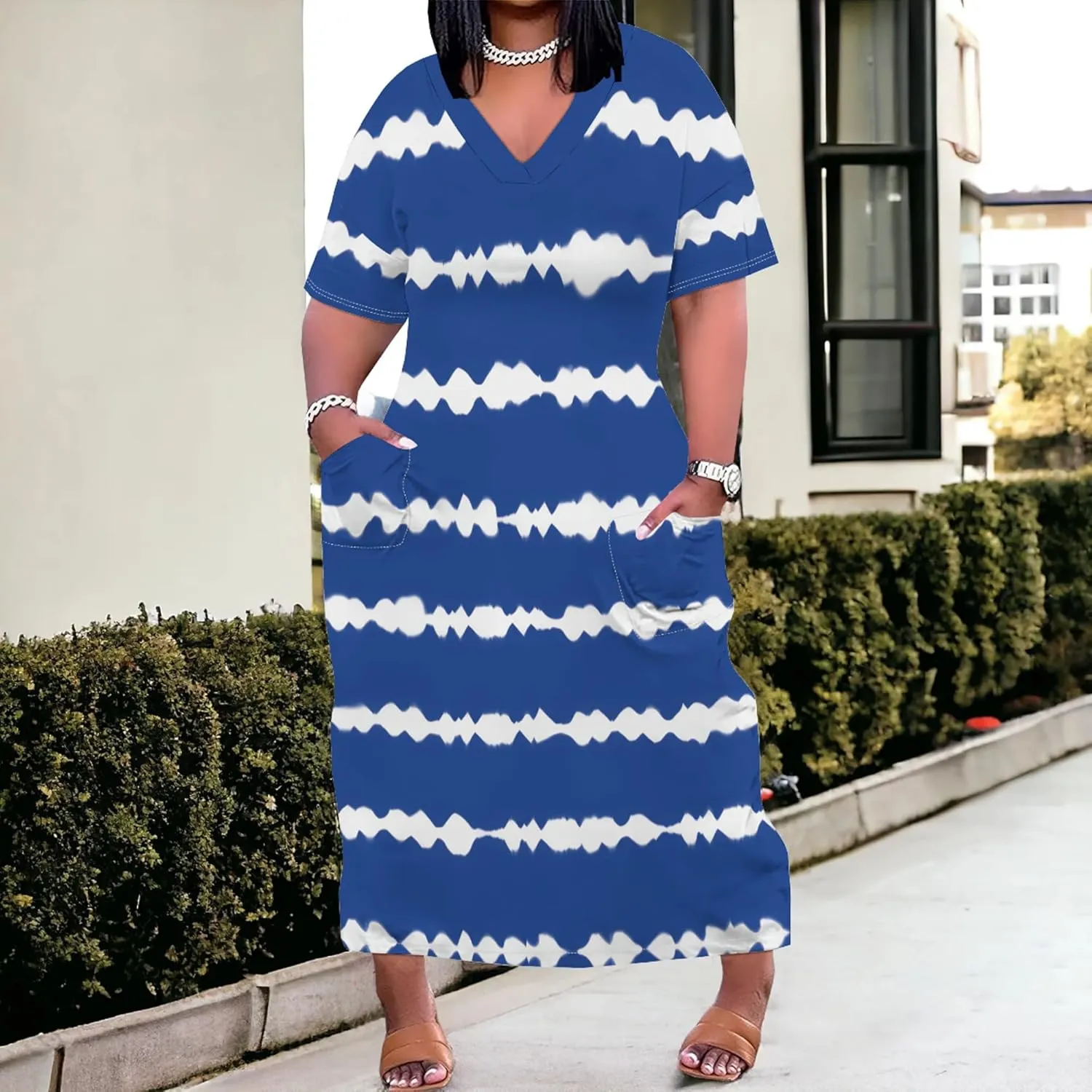 Women's Oversized Short-Sleeved Dress Denim Print V-Neck T-Shirt Maxi Dress Summer Trend Beach Sundress with Pockets