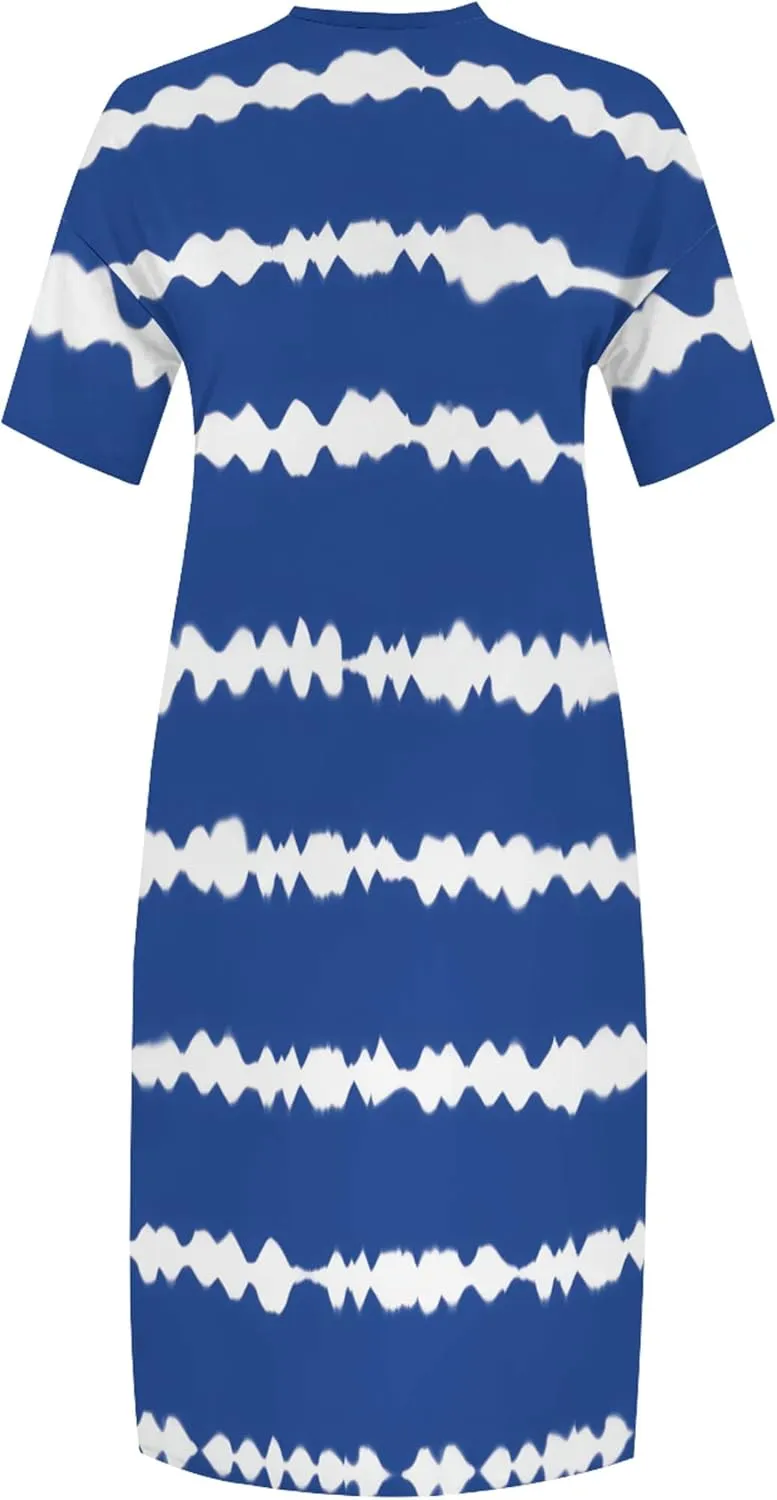 Women's Oversized Short-Sleeved Dress Denim Print V-Neck T-Shirt Maxi Dress Summer Trend Beach Sundress with Pockets