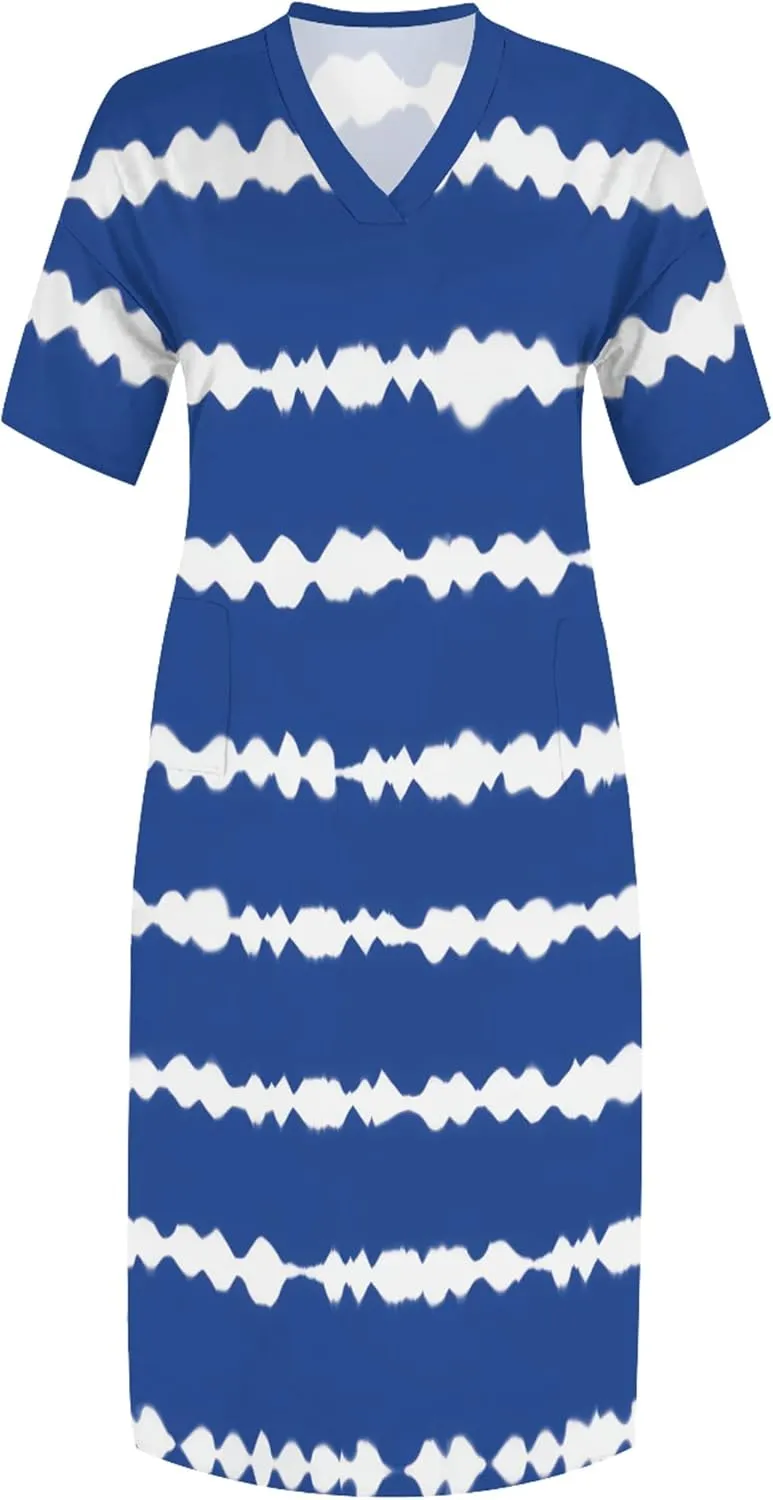 Women's Oversized Short-Sleeved Dress Denim Print V-Neck T-Shirt Maxi Dress Summer Trend Beach Sundress with Pockets
