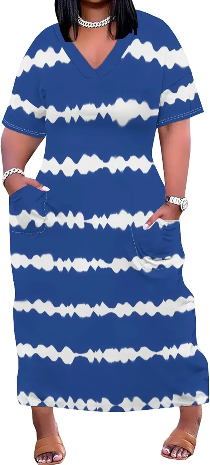 Women's Oversized Short-Sleeved Dress Denim Print V-Neck T-Shirt Maxi Dress Summer Trend Beach Sundress with Pockets