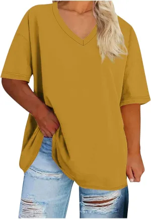 Womens Plus Size T Shirt V Neck Loose Fit Short Sleeve Tunic Top Summer Casual Tops Oversized Solid Blouse