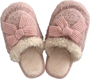 Women's Plush Cute Bow Slippers Indoor House Slippers with Bows Tie Comfy Furry Fuzzy Bedroom Slippers Non-Slip