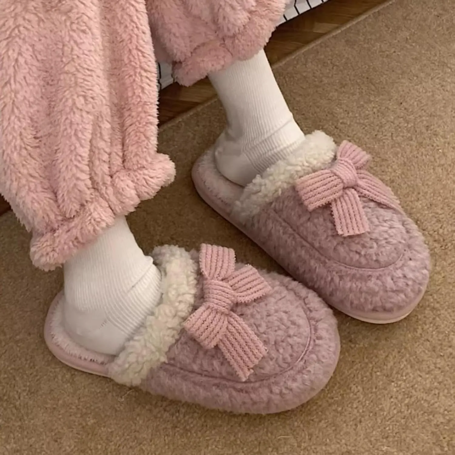 Women's Plush Cute Bow Slippers Indoor House Slippers with Bows Tie Comfy Furry Fuzzy Bedroom Slippers Non-Slip