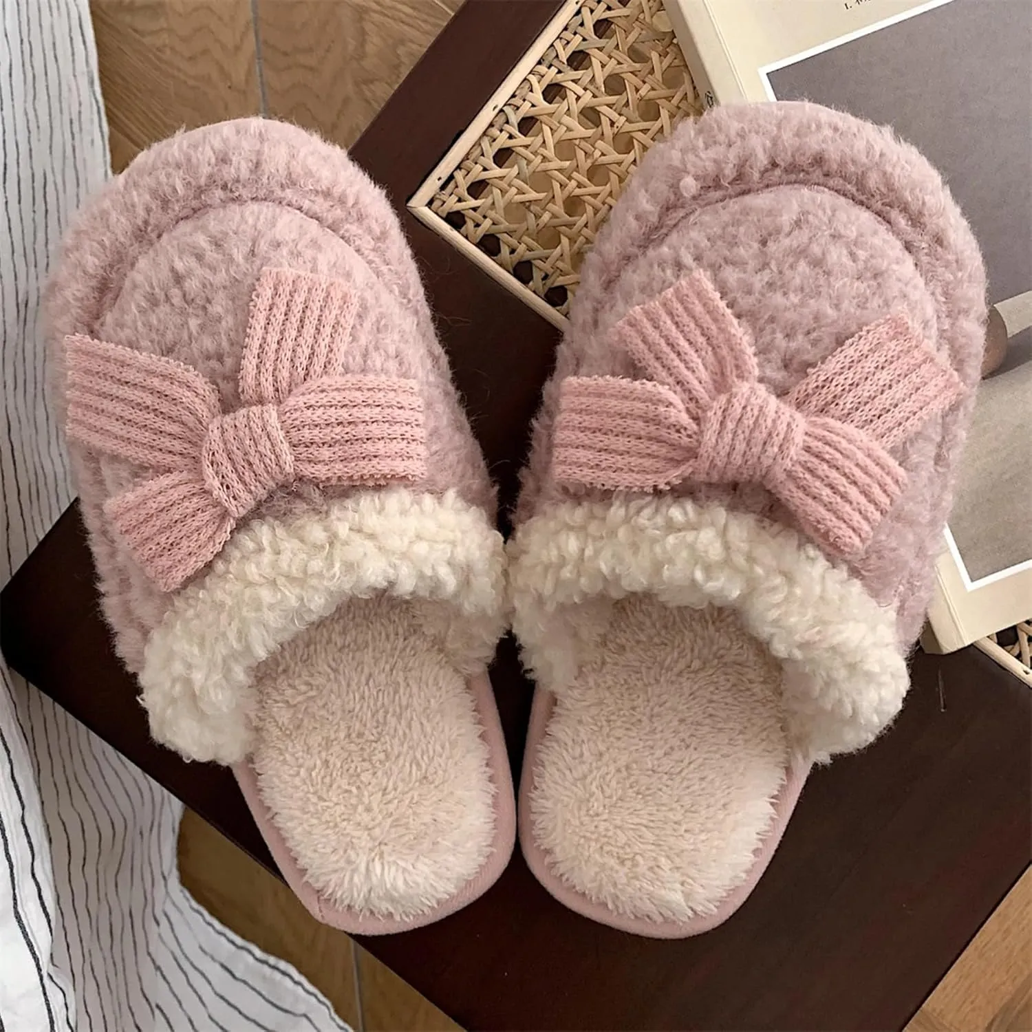 Women's Plush Cute Bow Slippers Indoor House Slippers with Bows Tie Comfy Furry Fuzzy Bedroom Slippers Non-Slip