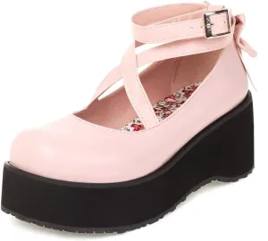 Women's Round Toe Ankle Strap Platform Mary Janes Pumps Leather Chunky High Heel Oxford Dress Shoes