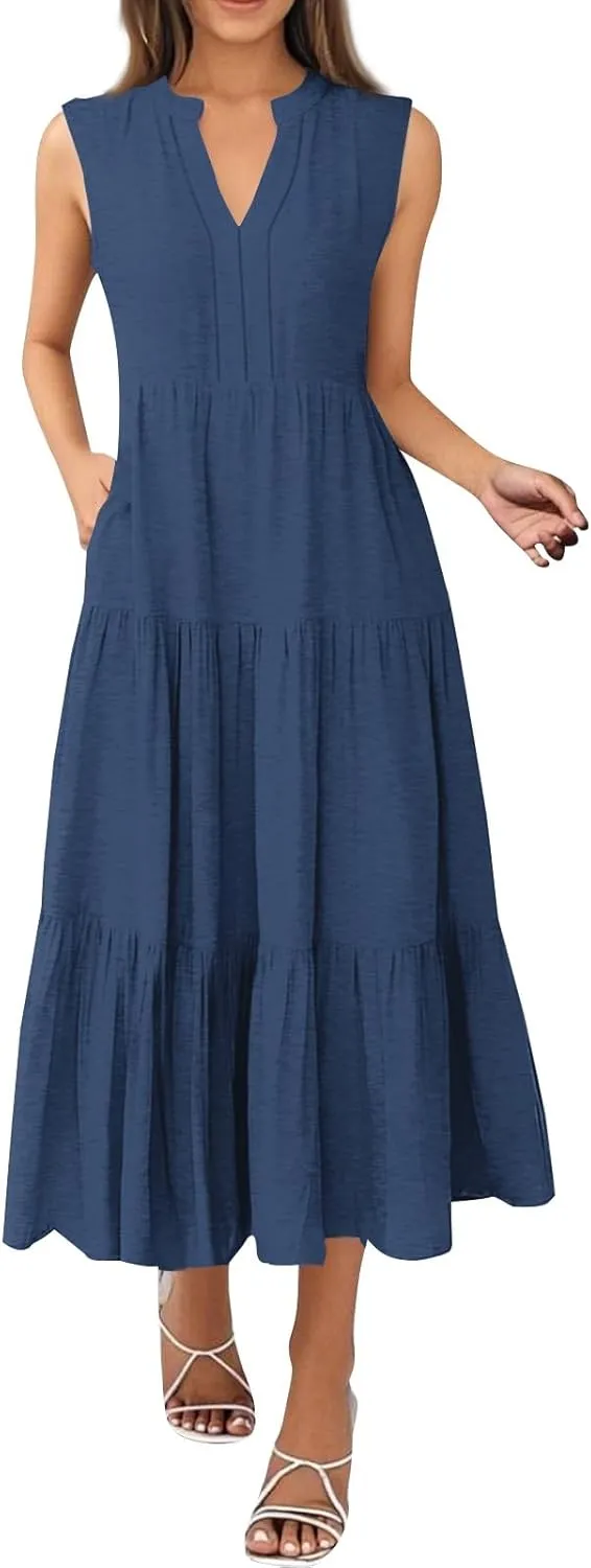 Women's Sleeveless V-Neck Tiered Maxi Dress Elegant Summer Casual Loose Fit with Pockets Perfect for Beach & Party