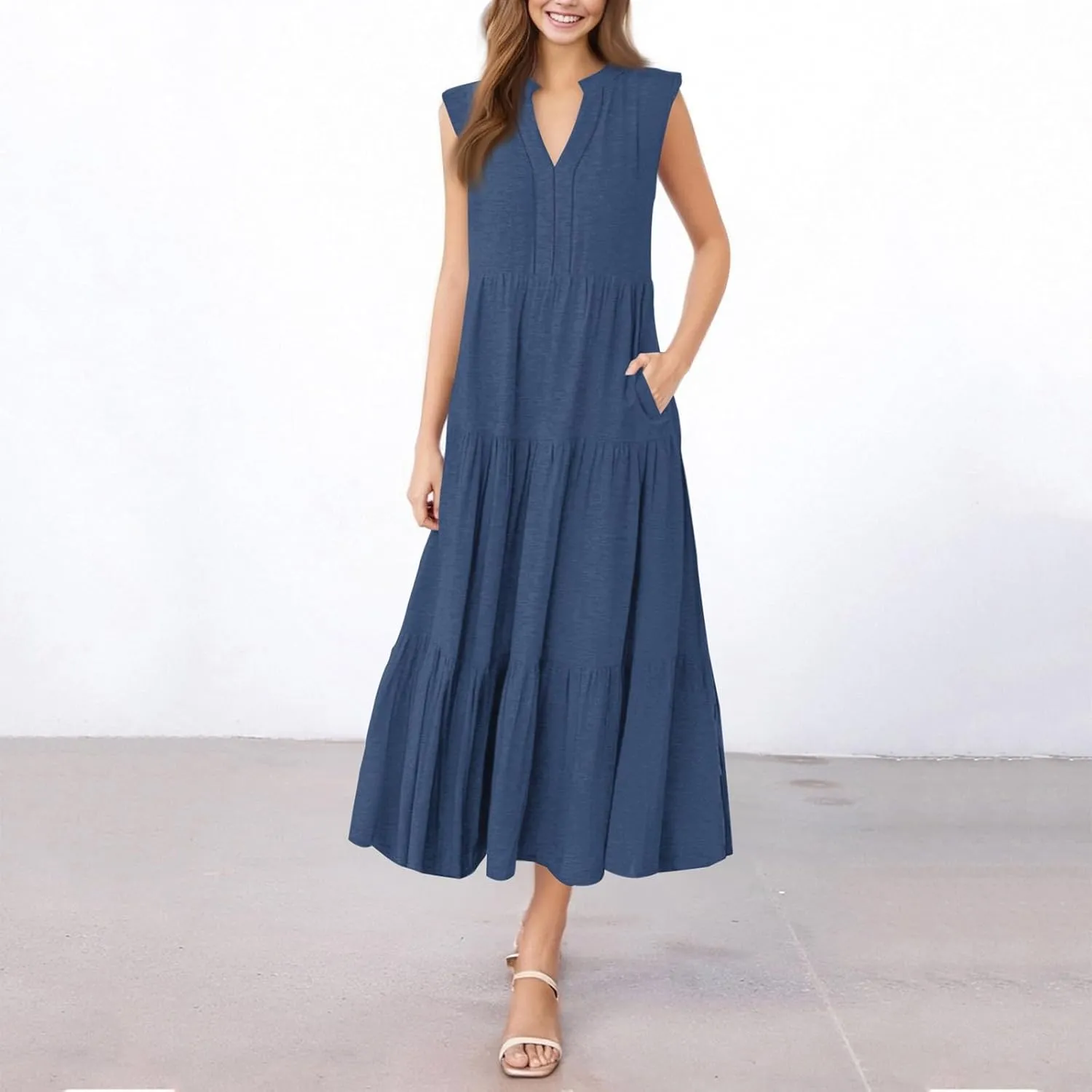 Women's Sleeveless V-Neck Tiered Maxi Dress Elegant Summer Casual Loose Fit with Pockets Perfect for Beach & Party