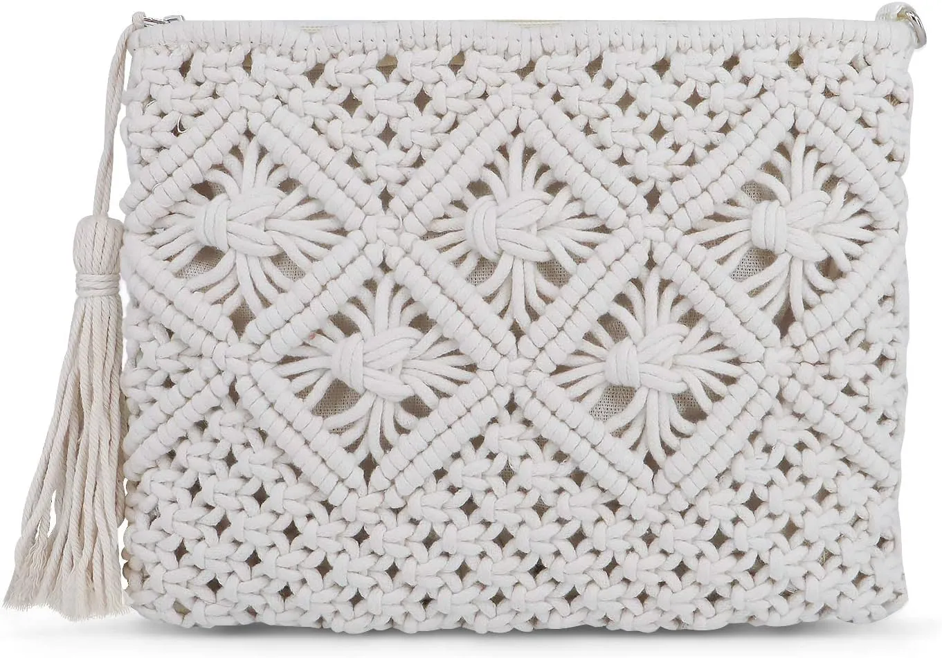 Women's Summer Beach Straw Crochet Clutch Bag Woven Envelope Tassel Bag with Zipper (White)