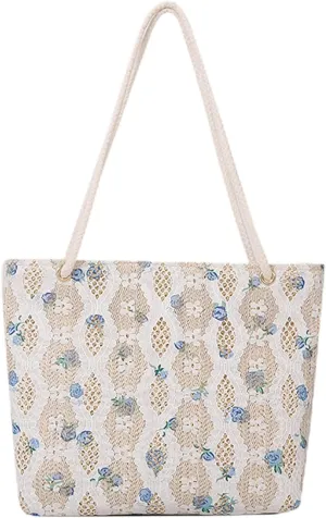 Women's Summer Beach Travel Tote Bag Handwoven Straw Shoulder Bag for Shopping Lightweight Beach Bag (White)