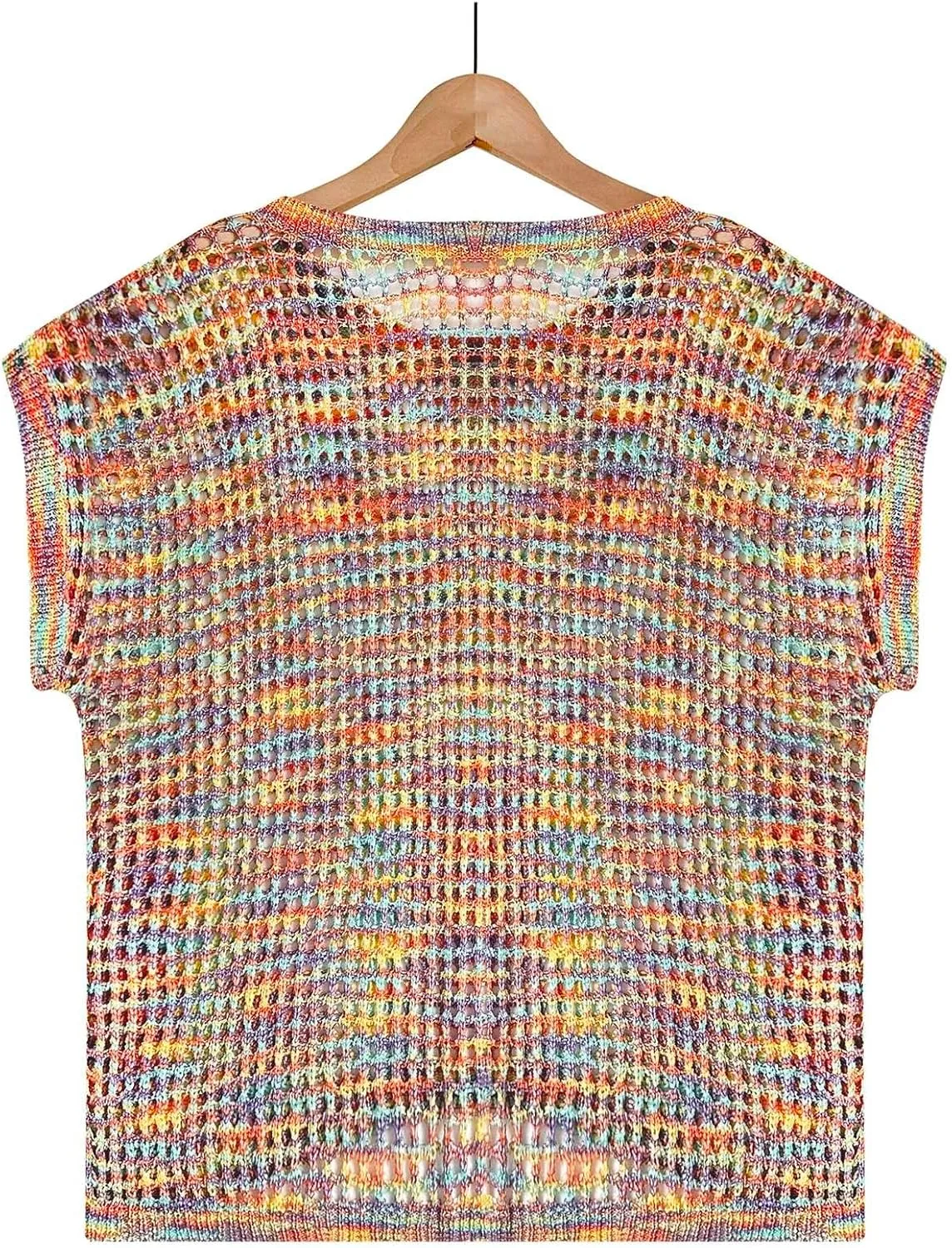 Womens Summer Crewneck Short Sleeve Tops Crochet Hollow Out Knit Pullover Shirts Casaul Loose Fit Beach Coverups