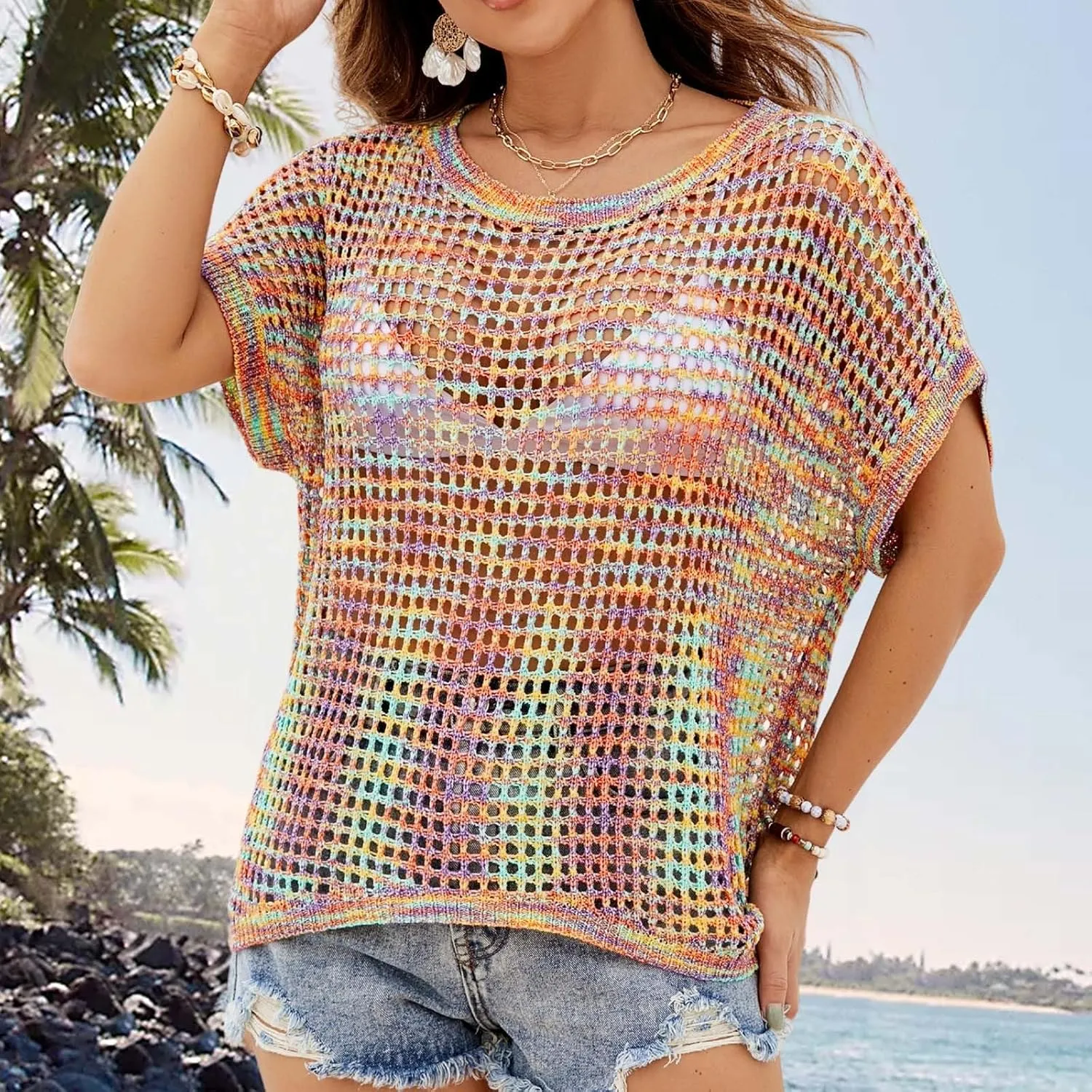 Womens Summer Crewneck Short Sleeve Tops Crochet Hollow Out Knit Pullover Shirts Casaul Loose Fit Beach Coverups