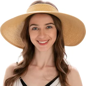Womens Sun Hat Wide Brim Hats for Women Straw Sun Visors Roll Up Ponytail Beach Hats for Women