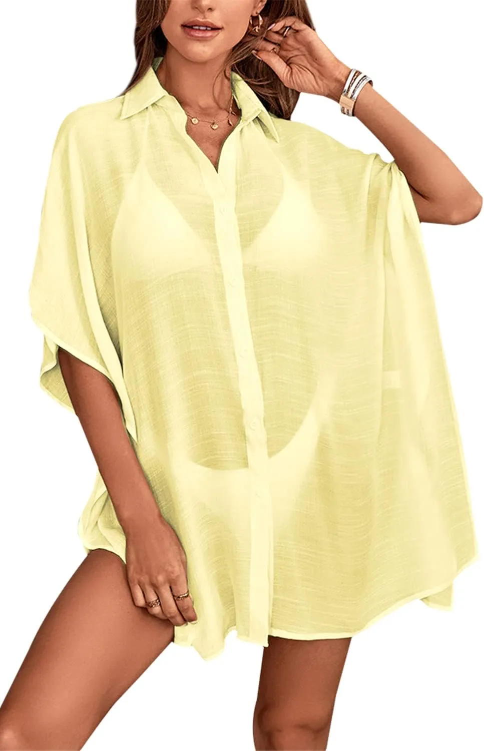 Womens Swimsuit Cover Up Shirts Oversized Beach Bikini Bathing Suit Coverups Beachwear Button Up