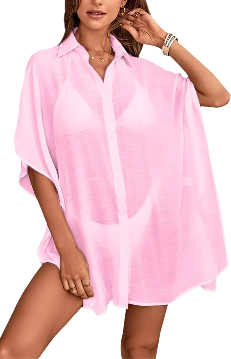 Womens Swimsuit Cover Up Shirts Oversized Beach Bikini Bathing Suit Coverups Beachwear Button Up