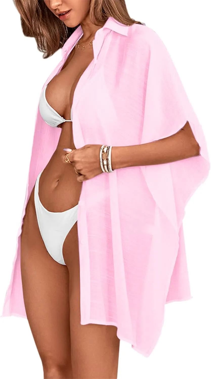 Womens Swimsuit Cover Up Shirts Oversized Beach Bikini Bathing Suit Coverups Beachwear Button Up