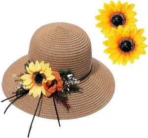 Women's Wide Brim Sun Protection Straw Hat,Summer Protection Beach Cap and Sunflower Headpiece.(LDZ55)