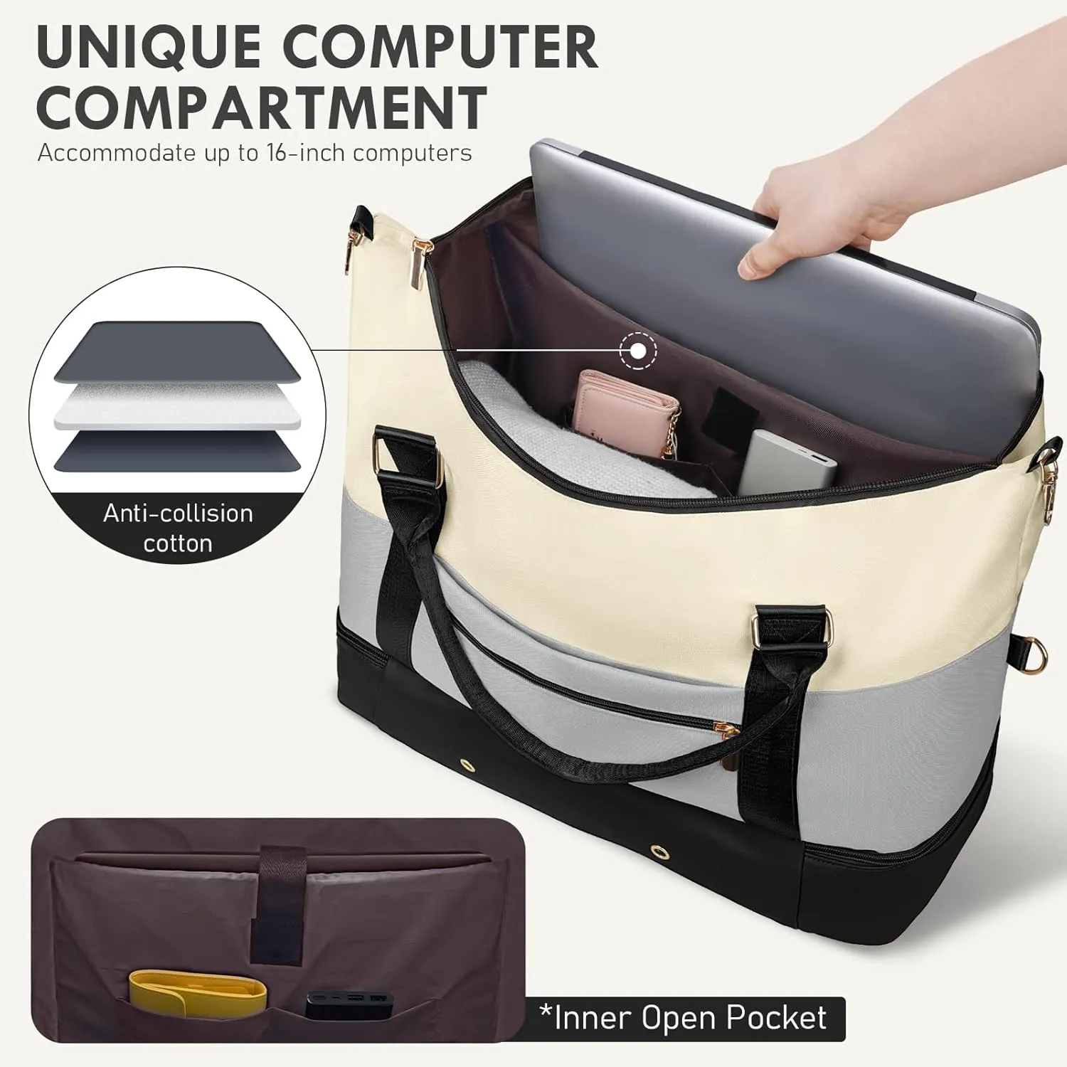 WOOMADA Weekender Bag for Women, Large Carry On Bag with Shoe Compartment, Hospital Labor & Delivery Overnight Bag with Toiletry Bag(Beige&Grey&Black)