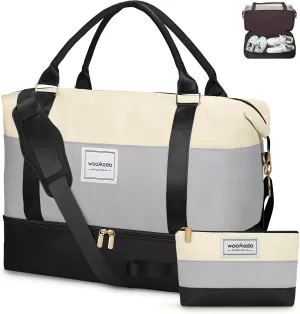 WOOMADA Weekender Bag for Women, Large Carry On Bag with Shoe Compartment, Hospital Labor & Delivery Overnight Bag with Toiletry Bag(Beige&Grey&Black)
