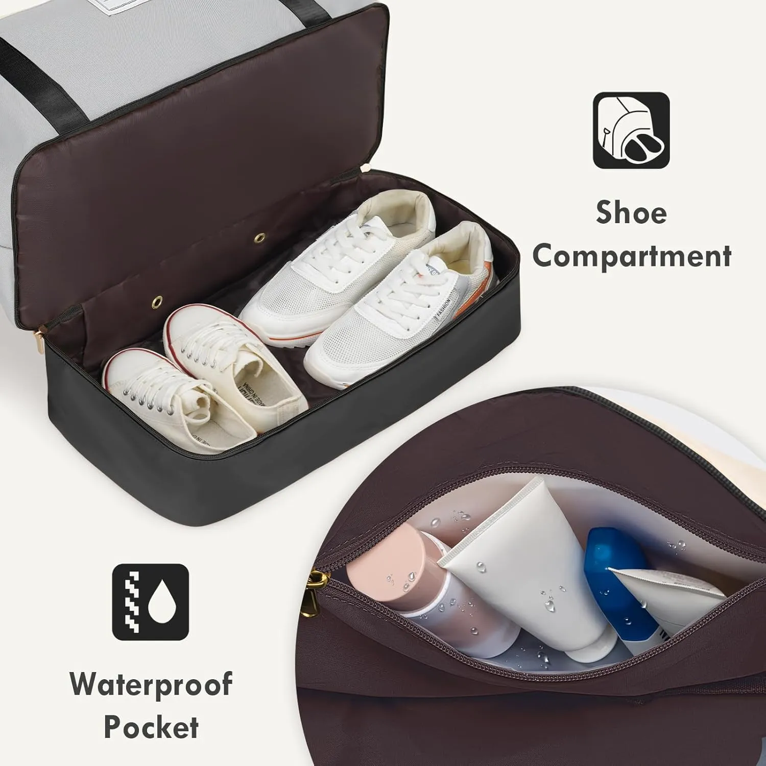 WOOMADA Weekender Bag for Women, Large Carry On Bag with Shoe Compartment, Hospital Labor & Delivery Overnight Bag with Toiletry Bag(Beige&Grey&Black)