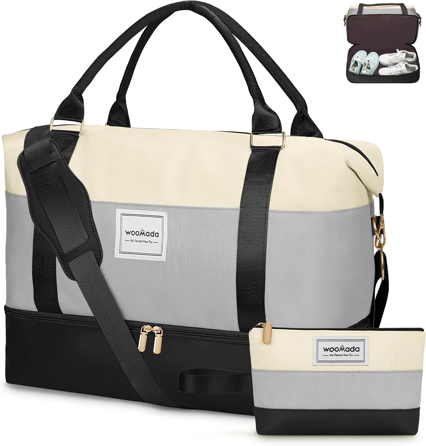 WOOMADA Weekender Bag for Women, Large Carry On Bag with Shoe Compartment, Hospital Labor & Delivery Overnight Bag with Toiletry Bag(Beige&Grey&Black)