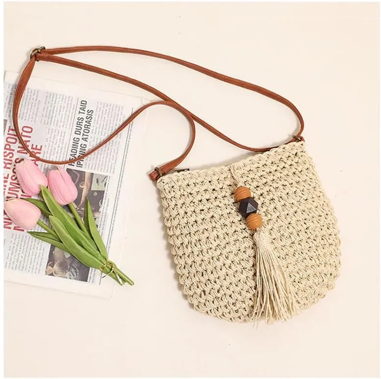 Woven Bag for Women Summer Beach Travel Handbag and Purse Retro Handmade Shoulder Bag Crossbody Bag Beige